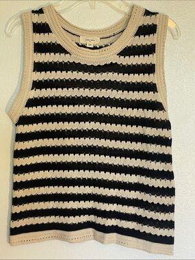 Atelier Evene  Cream and Black Striped Crochet Crewneck Shell